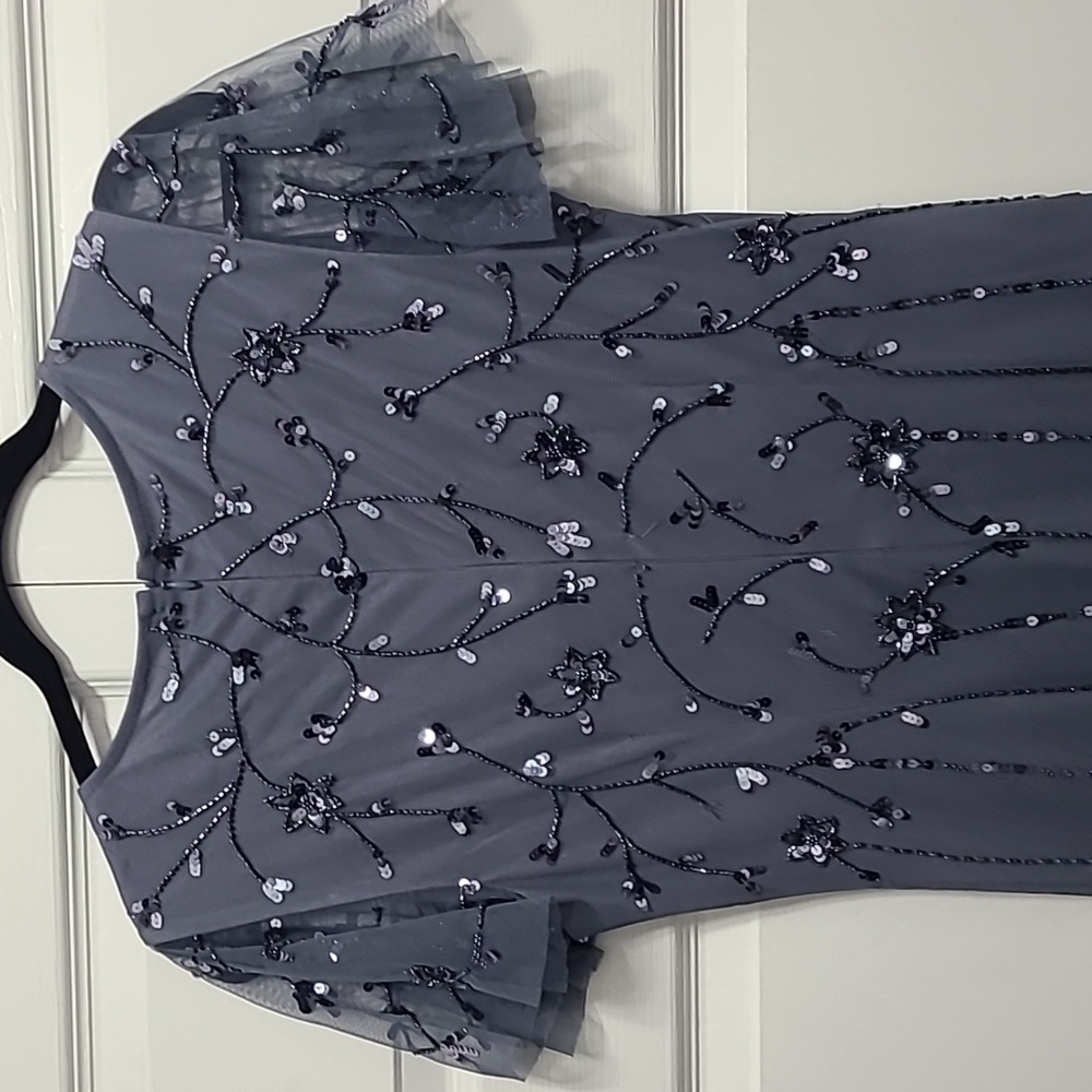 Adrianna Papell Women's Formal Dress Size 6 Dusty‎ Blue Beaded Short Sleeve Gown - Picture 13 of 17